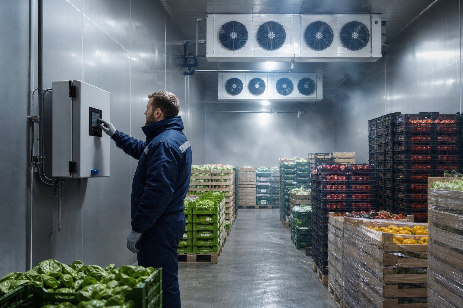 Technician checking the temperature controller inside a commercial walk-in cold room