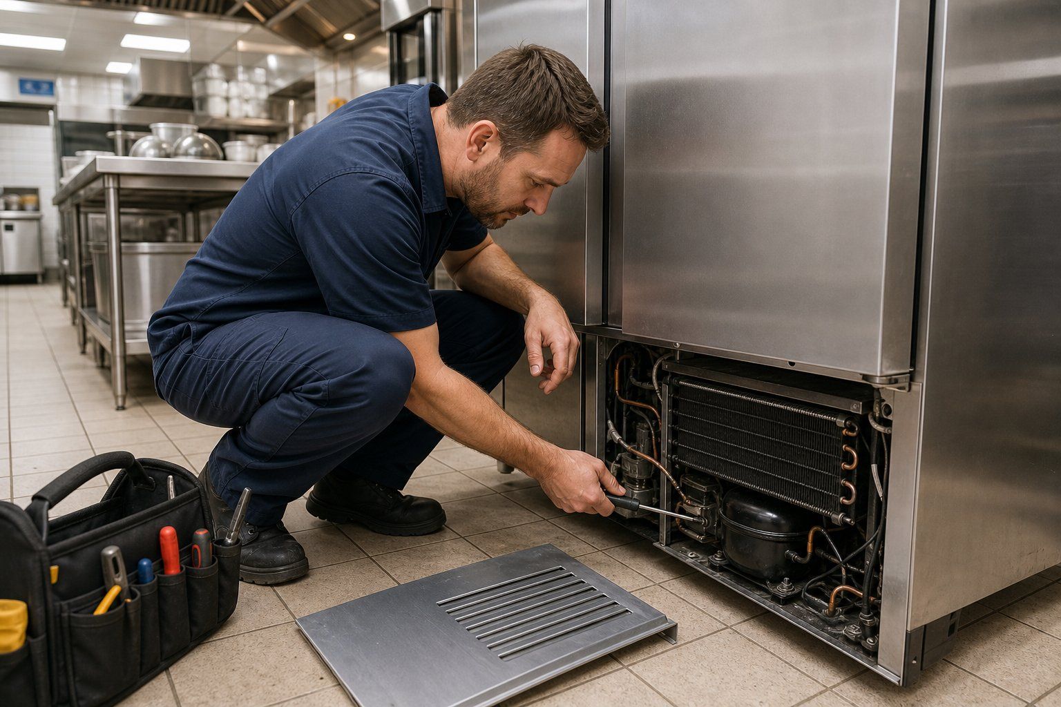 Technician repairing the compressor compartment of a commercial refrigerator in a kitchen