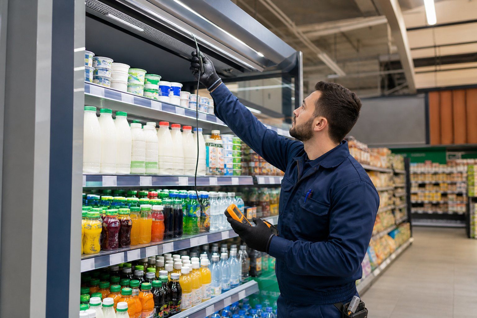 Technician checking a supermarket display chiller with a temperature meter