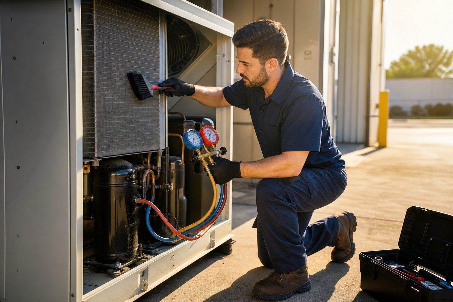 Technician cleaning a condenser coil and checking pressures during preventive maintenance