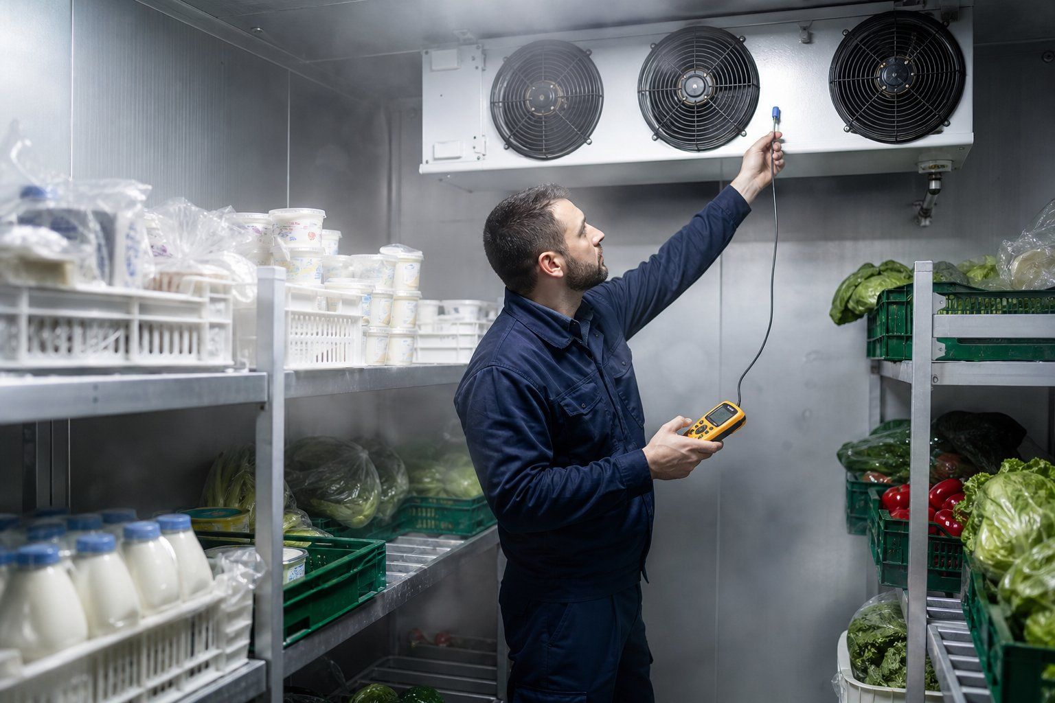 Technician measuring temperature at a walk-in chiller evaporator unit
