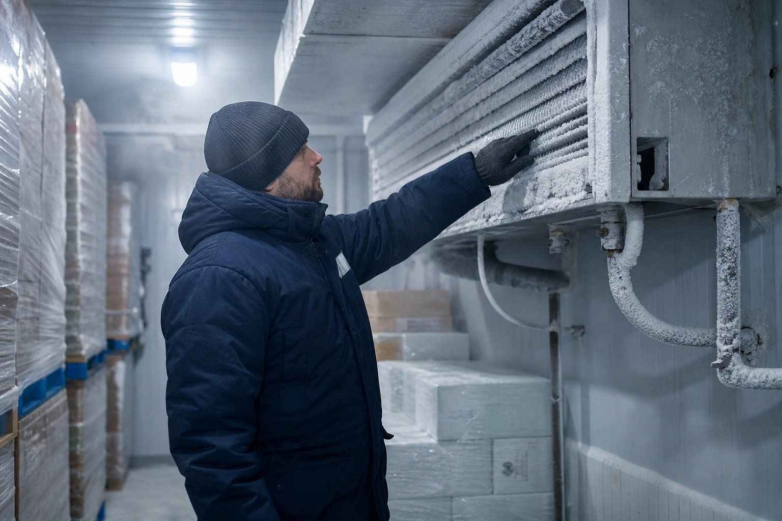 Technician inspecting ice build-up on a walk-in freezer evaporator coil